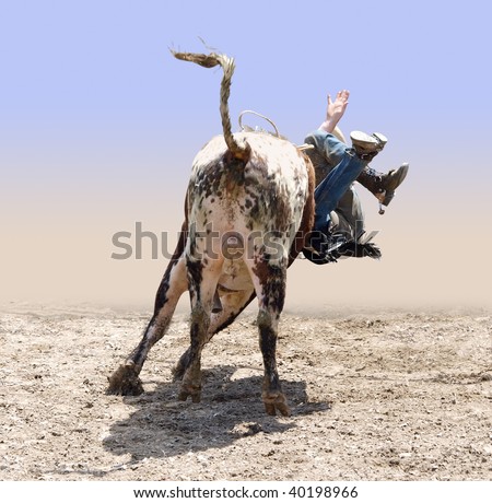 Cowboy Falling of a Bucking Bull isolated with path