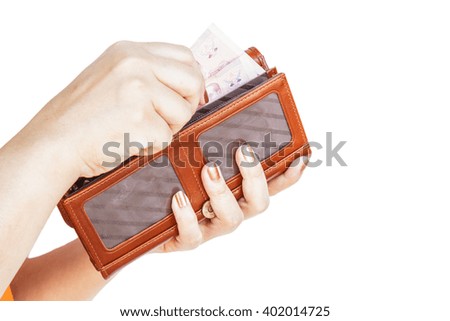 Hand holding wallet women isolated on white background. clipping path on picture.