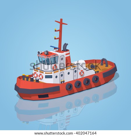 Red and white tugboat against the blue background. 3D lowpoly isometric vector illustration