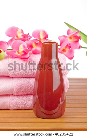Bath accessories products on wooden background. Shallow depth of field