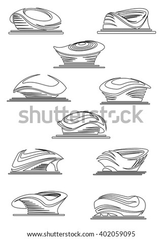 Modern sports stadium and arena thin line icons with silhouettes of venues for football or soccer, baseball and ice hockey, basketball competitions and other sports events. Architecture design theme