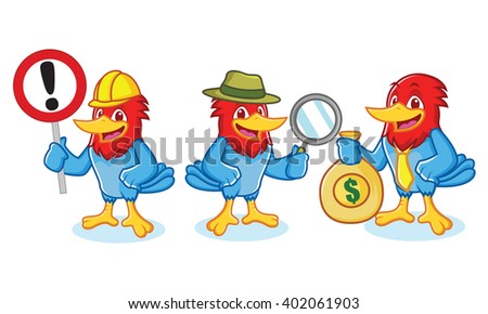Woodpecker Mascot with sign, money and magnifying glass