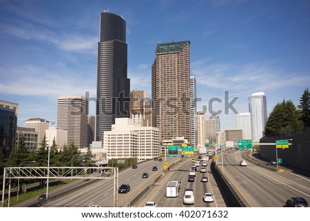 Downtown Seattle City Skyline Interstate 5 Cars Divided Highway
