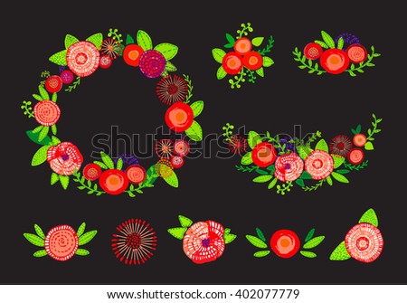 Set with hand drawn flowers. The wreath of roses, a set of vector elements painted pastel flowers. Bouquets of flowers doodles.