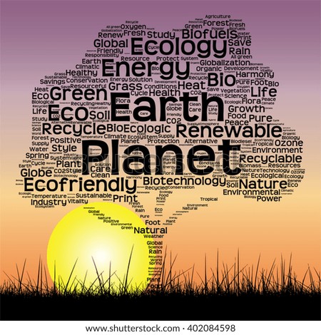 Vector concept or conceptual black text word cloud as tree and grass on sunset sky sun background  for nature, ecology, green, energy, natural, life, world, global, protect, environmental or recycling