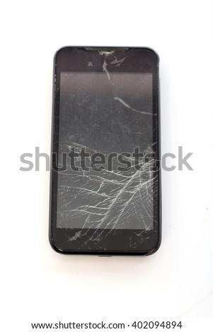 Mobile smartphone with broken screen on white background