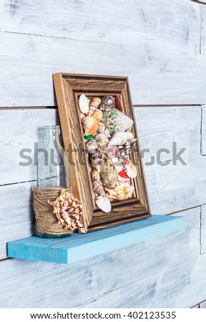 picture of seashells stands on a wooden shelf