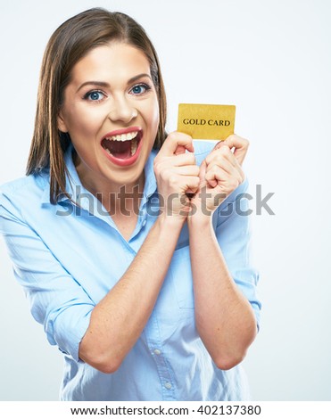 Funny smiling business woman hold credit card. White background isolated.
