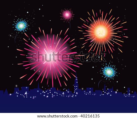Fireworks display in the city. New Year in the city celebrated with fireworks. Vector illustration.