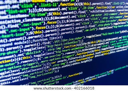 Web site codes on computer monitor. Computer program. Programming code. Programmer developer screen. Software background. Writing programming code on laptop. 
