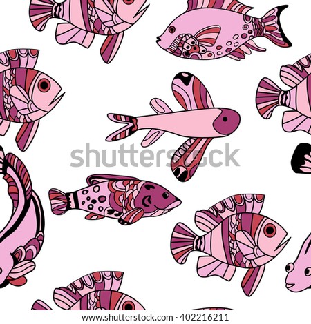 Seamless pattern with colorful fish in doodle style.