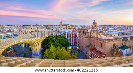 From the top of the Space Metropol Parasol (Setas de Sevilla) one have the best view of the city of Seville, Spain. It provides a unique view of the old city center and the cathedral. Royalty-Free Stock Photo #402221215