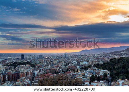 Panoramic view of Barcelona at dawn, Spain