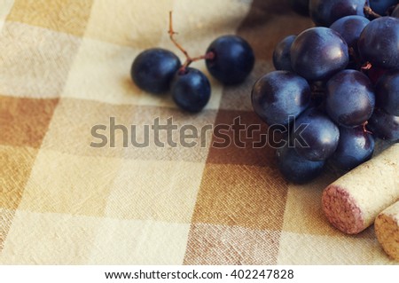 Blue grapes, wine traffic jams and corkscrew on a checkered cloth