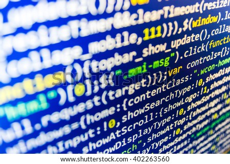 Programmer occupation. Website development. Programmer developer screen. Monitor photo. Computer script.  Technology background. Source code photo. Programmer workplace. Abstract screen of software.