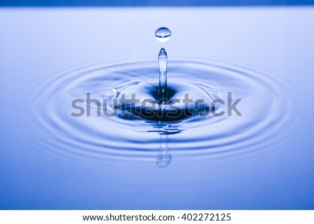 Water Drop, Close up View of Water Drop Splash on calm blue water surface