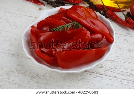 Pickled red Bulgarian bell pepper in the bowl