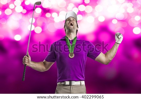 Golf Player in a pink shirt celebrating with a golden medal, on a pink lights Background.