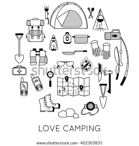 Tourists emblems. Black and white camping symbols. Set of camping equipment icons isolated on white. Big illustrations of tent, tourist map, backpack and fireplace. Vector