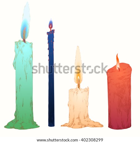 Colorful Set of realistic Sketch Candles with outline contour. Process of Candle Burning. Hand drawn vector illustration, doodle collection.