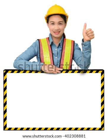 female worker with Protection Equipment, posing behind big white banner, thumb up and looking at camera and copy space, isolated on white background