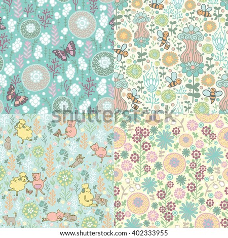 Four fun seamless pattern with nature. Hand-painted flowers, sheep, pigs and bees.