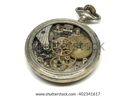 Old pocket watch mechanism close-up