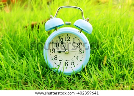 Alarm clock on grass with blurred background.
