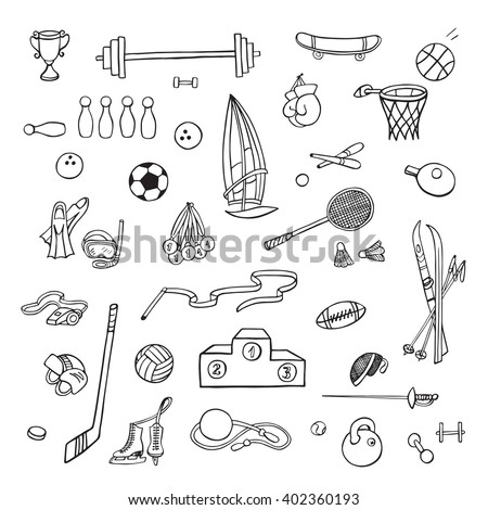 Hand drawn sport equipment. Doodle icons.