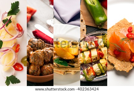Natural food. Photo collage. Vegetables and meat