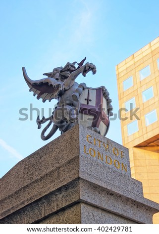 Dragon boundary mark in the City of London in London in England. It shows the boundaries of the City of London