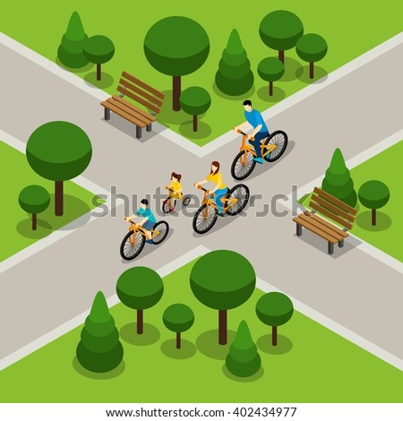 Family with two children cycling in city park isometric banner on healthy active lifestyle abstract vector illustration