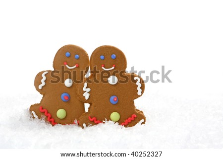 Two gingerbread cookies in snow. There is no one viewable in the image. Horizontally framed shot.