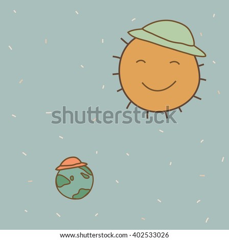 Vector background  texture with sun and earth on blue sky cartoon.