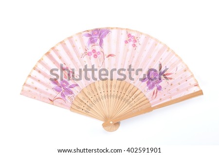 Flower painted hand fan, chinese style hand fan on white background. Royalty-Free Stock Photo #402591901