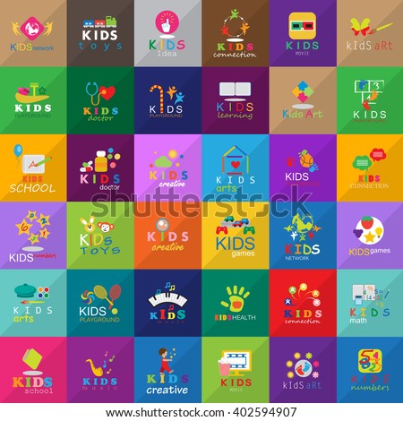 Children Icons Set-Isolated On Mosaic Background.Vector Illustration,Graphic Design.Kids Notebook,Book,Logo Bulb.Different Fun Logo Games, Playground.Logo Art. Logo Creativity