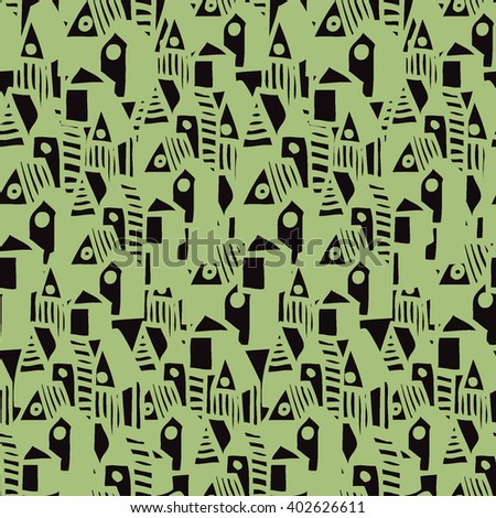 Vector seamless pattern with hand drawn stripped buildings