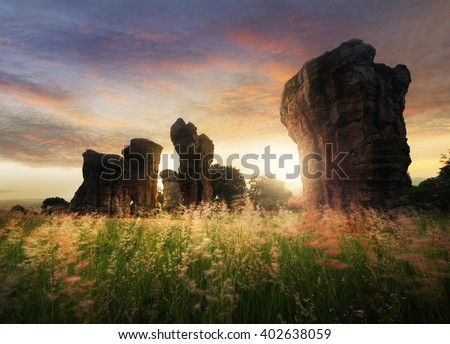 Abstract background of beautiful nature during sunrise time at Stonehenge of Thailand , MOR HIN KHAOW CHAIYAPHUM