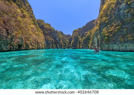 Ao Pi Leh Lagoon at Phi Phi Islands in Andaman Sea ,Krabi, Thailand
 Royalty-Free Stock Photo #402646708