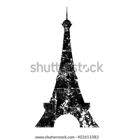 Isolated and grunge black Paris Eiffel tower front silhouette clip art on white background - Eps10 Vector graphics and illustration