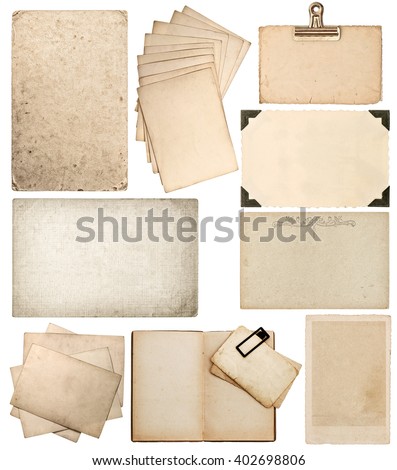 Set of old paper sheets. Vintage photo album and book pages, cards, pieces isolated on white background