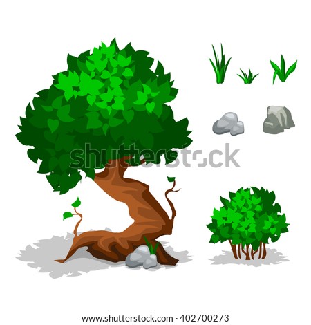 Vector illustration. Set of cartoon green plants. Trees, bushes, grass and stone