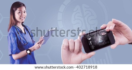 Asian nurse using tablet against medical biology interface in black