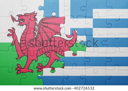 puzzle with the national flag of wales and greece . concept