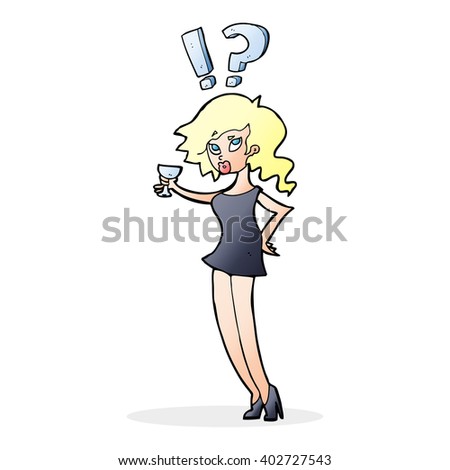 cartoon confused woman drinking cocktail