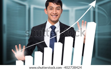 Smiling businessman touching against composite image of server room