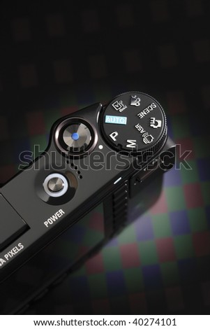 Digital compact camera, on black background