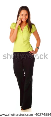 girl with phone on a white background