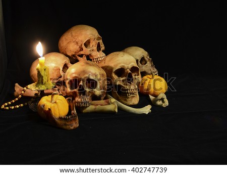 Skull on pile of dry pumpkin and bone pile with candle light , on black background/ Still life style