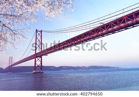 Red bridge, Lisbon, Portugal. Vintage colored picture Love and travel concept